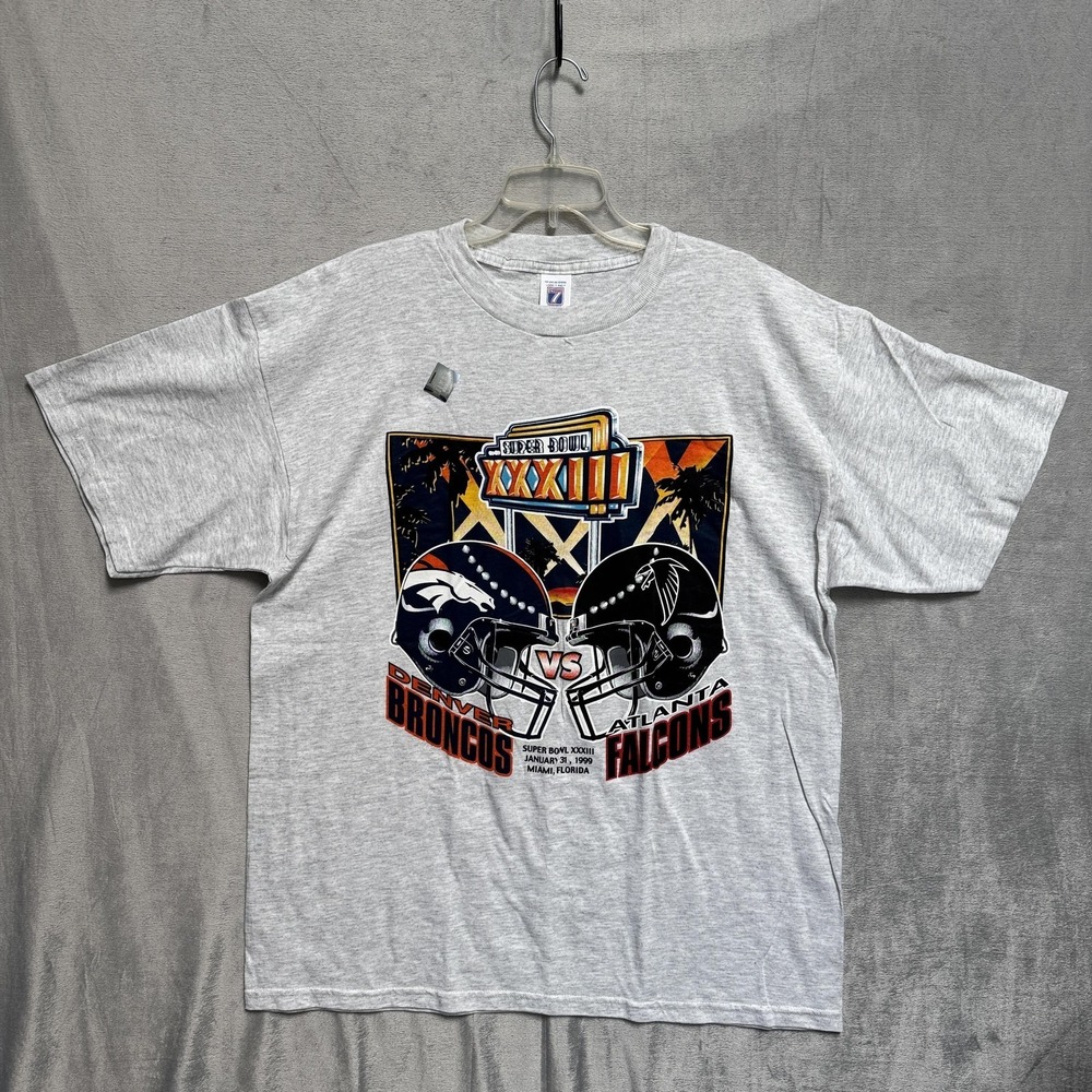 Vtg Super Bowl XXXIII Shirt Mens XL Gray NFL Football Broncos Falcons Logo 7 90s